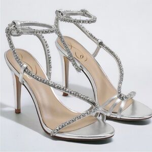 Sam Edelman Granger Silver Ankle Strap Rhinestone Stiletto Heel Sandal NIB